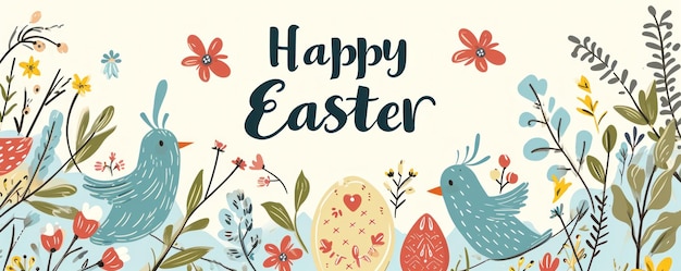Stendardo di Pasqua con uccelli carini e uova decorate Illustrazione artistica della Felice Pasqua