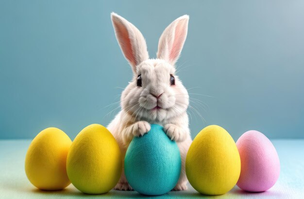 Stendardo di Pasqua con un carino coniglietto di Pasqua che si schiuda dal colore pastello Uovo di Pasqua su sfondo di colore pastello Illustrazione di coniglio di Pasqua seduto in un guscio di uovo rotto Felice biglietto di auguri di Pasqua