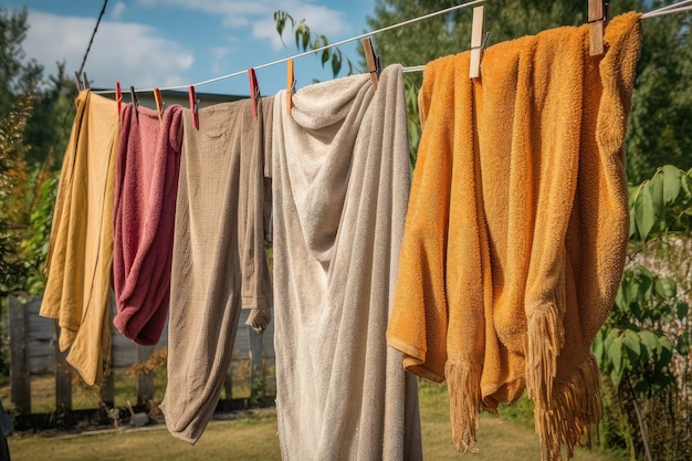 Stendibiancheria con asciugamani da bagno appena asciugati pronti per l'uso