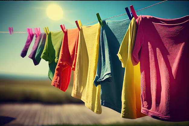 Stendibiancheria con vestiti colorati che si asciugano al sole
