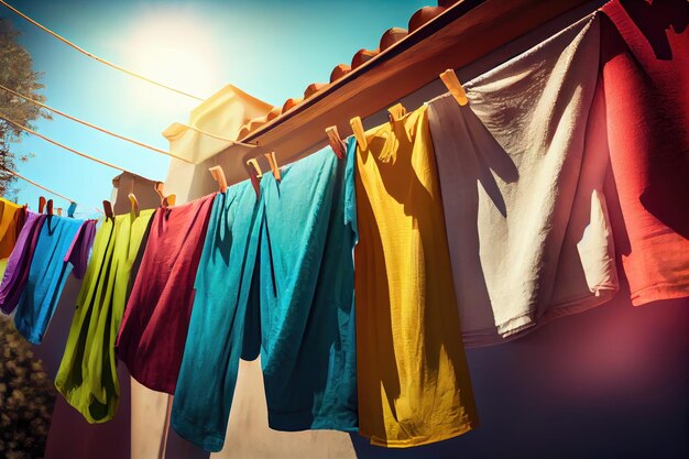 Stendibiancheria con vestiti colorati che si asciugano al sole
