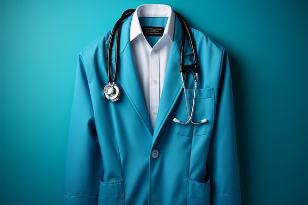 Stetoscopio adornato abito medico appeso elegantemente sfondo blu modello medico perfetto spazio di copia