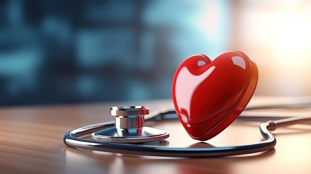 Stetoscopio cuore rosso e cardiogramma su tavolo grigio concetto di cardiologia generativo ai