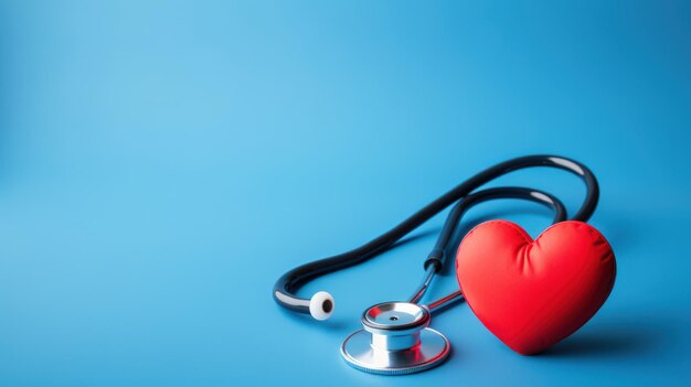 Stetoscopio e cuore rosso su sfondo blu copia spazio per il concetto di giornata mondiale della salute generato dall'AI