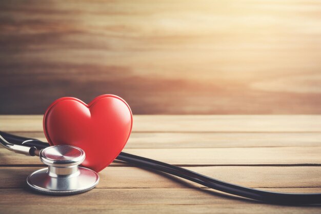 Stetoscopio e cuore rosso su tavola di legno Concetto di cardiologia
