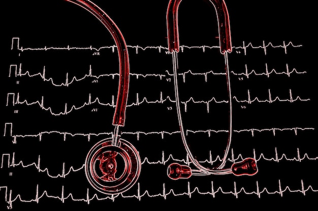 Stetoscopio sul grafico dell'elettrocardiogramma (ECG) (vista dall'alto)