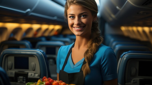 Stewardess donna che serve cibo su un aereo