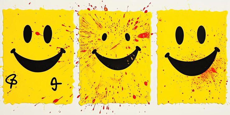 Photo sticker pieces with smiling faces in the style of bruce nauman