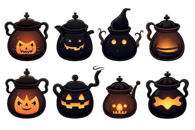 Sticker spaventosi di Halloween Cauldrons neri su sfondo bianco Generato dall'AI