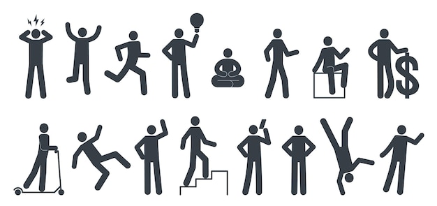 Stickman posture pittogrammi di uomini piccoli primitivi persone monocromatiche segnano posizioni diverse in piedi e camminando yoga e fitness caduta e arrampicata uomo d'affari set vettoriale odierno