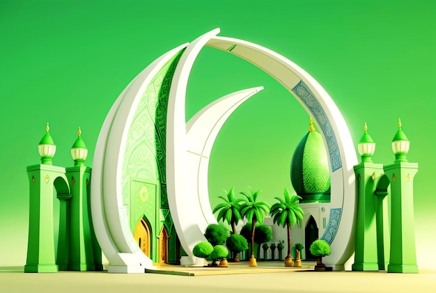 Stile 3D mezzaluna verde sfondo islamico Ramadan Kareem