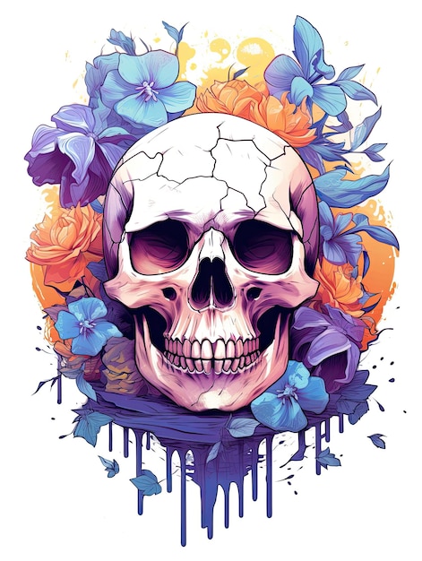 Stile acquerello colore pastello bel cranio con fiori primavera estate arte tatuaggio isolato su sfondo bianco IA generativa