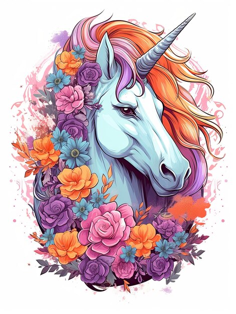 Stile acquerello colore pastello bellissimo unicorno con fiori primavera estate arte tatuaggio isolato su sfondo bianco IA generativa