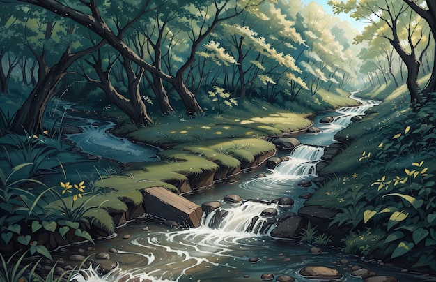 stile anime un dipinto di un ruscello nel bosco con il nome del fiume