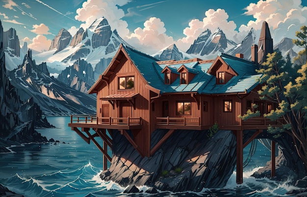 stile anime una casa sull'acqua con sfondo di montagna