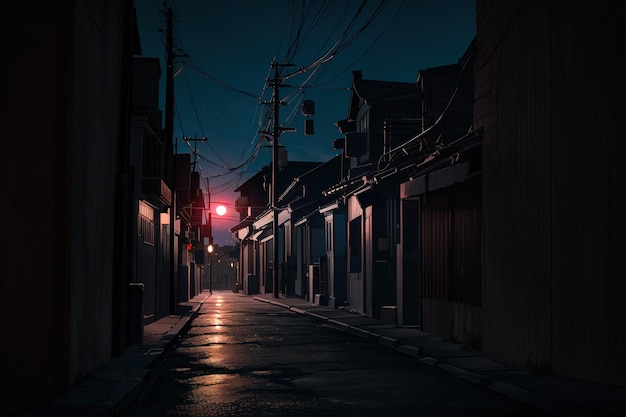 stile anime una strada buia con una città buia e un edificio buio