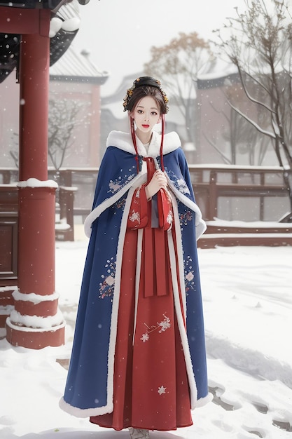 Stile antico cinese cortile edificio neve invernale bella ragazza che indossa carta da parati cappotto Hanfu