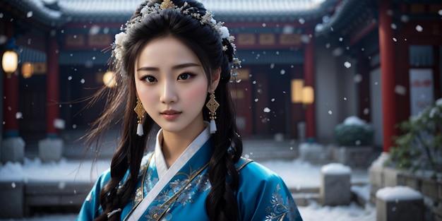 Stile antico cinese cortile edificio neve invernale bella ragazza che indossa carta da parati cappotto Hanfu
