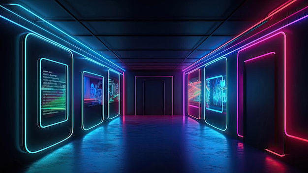 Stile artistico 3D realistico della stazione della metropolitana al neon colorata con tecnologia AI generativa