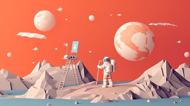 Stile artistico cartaceo dell'astronauta che alza bandiera sulla luna IA generativa