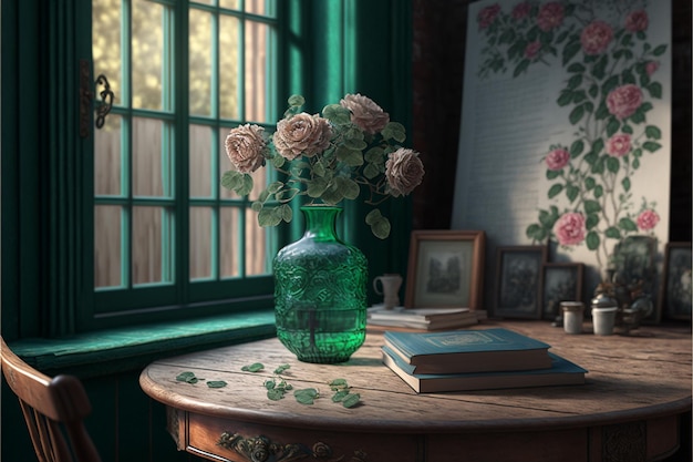 Stile bohémien Rose da tavolo vicino a libri di sedia verde finestra