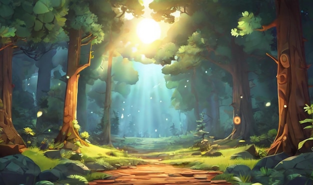 stile cartone animato bosco foresta sfondo luce solare