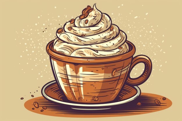 Stile cartone animato di caffè alla cannella con panna montata generata dall'intelligenza artificiale