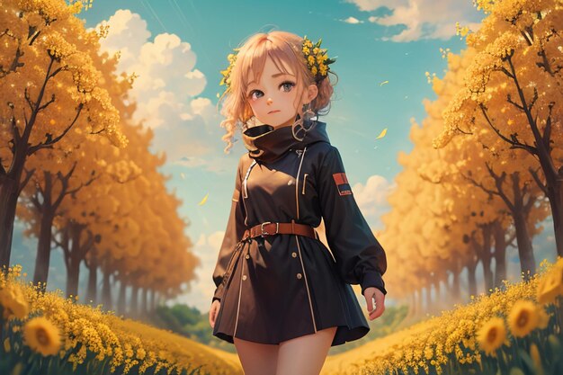 Stile cartoon anime bella ragazza in mezzo al sentiero pieno di fiori gialli