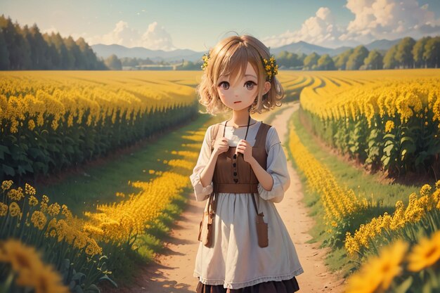 Stile cartoon anime bella ragazza in mezzo al sentiero pieno di fiori gialli