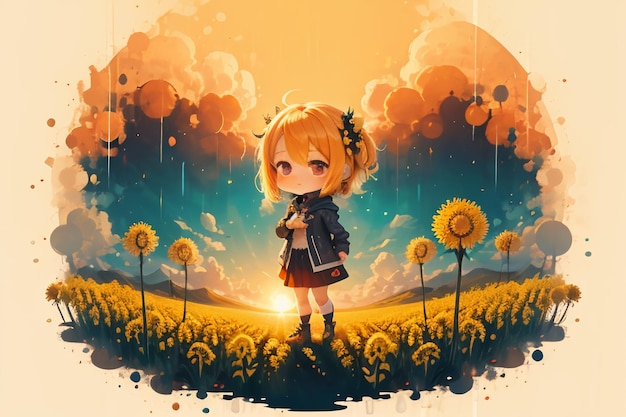 Stile cartoon anime bella ragazza in mezzo al sentiero pieno di fiori gialli