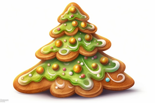 Stile cartoon di biscotti dell'albero di Natale di pan di zenzero su sfondo bianco generato dall'intelligenza artificiale