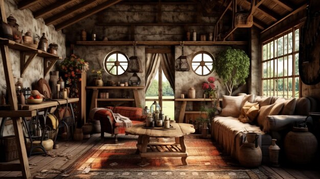 Stile country rustico con oggetti di scena e mobili in legno