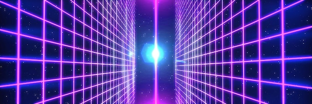 Stile cyberpunk retro degli anni '80 SciFi Sfondi futuristici con paesaggio a griglia laser