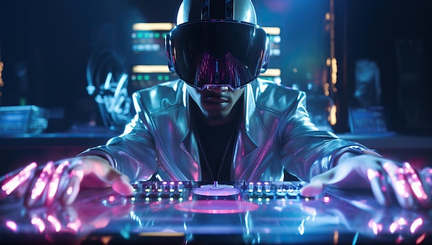 Stile cyberpunk un giovane afroamericano che indossa un casco di realtà virtuale e suona il giradischi