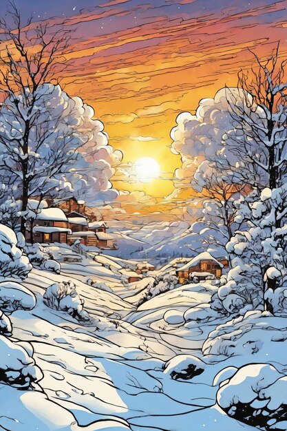 Stile d'arte a fumetti di un ambiente innevato al tramonto