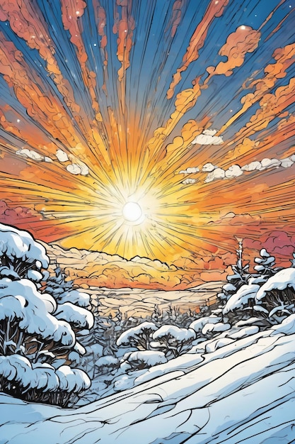 Stile d'arte a fumetti di un ambiente innevato al tramonto