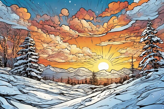 Stile d'arte a fumetti di un ambiente innevato al tramonto