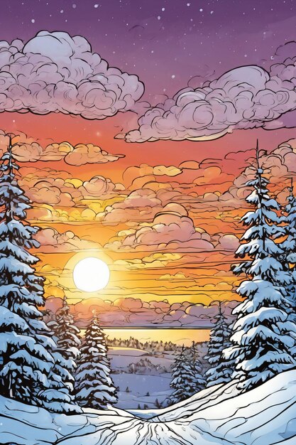 Stile d'arte a fumetti di un ambiente innevato al tramonto