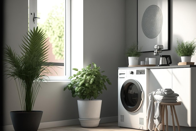 Stile della lavanderia interior design della lavatrice e tavolino con vaso per piante