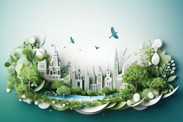 Stile di arte su carta Ecologia e ambiente energia pulita e stile di vita sano