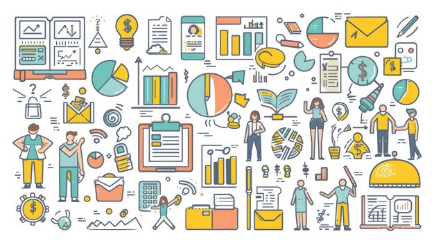 Stile di contorno persone megaset Illustrazione moderna Finanze e persone crescita economica delle famiglie gestione del piano di investimento