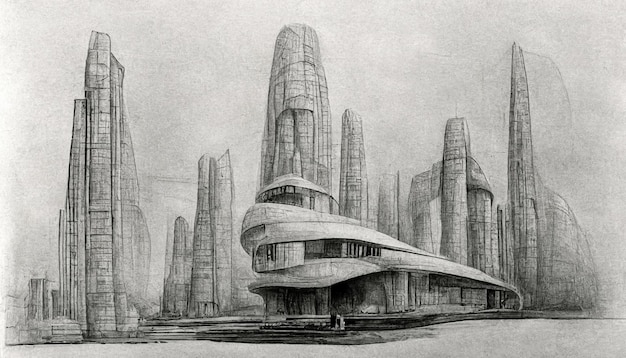 Stile di disegno a matita di architettura urbana surreale futuristica Illustrazione 3D della città aliena di fantasia