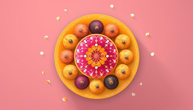 stile di illustrazione vibrante piatto di laddu indiano vista superiore