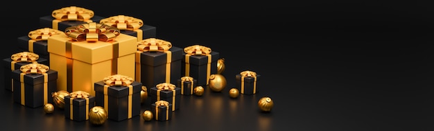 Stile di lusso banner di buon Natale e felice anno nuovo., Scatola regalo oro e nero realistico con palle di Natale dorate