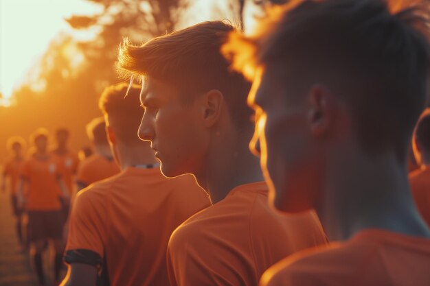 Stile di vita del calcio Ritratto di uomini adulti che si allenano insieme sull'erba e si godono una partita di calcio