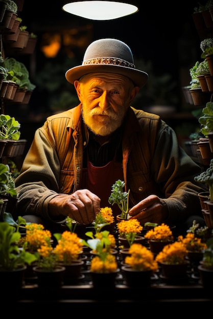 Stile di vita di giardinaggio dell'uomo anziano Vecchio giardiniere che lavora con le piante IA generativa