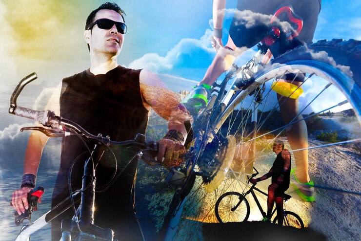 Foto stile di vita e avventure in bicicletta. sfondo sportivo a doppia esposizione