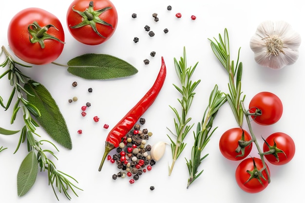 Stile di vita sano con erbe e spezie italiane su sfondo bianco