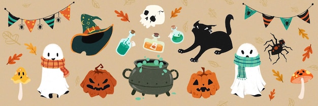 Stile disegnato mix di fantasmi zucche e ingredienti spettrali in set a tema Halloween per adesivi
