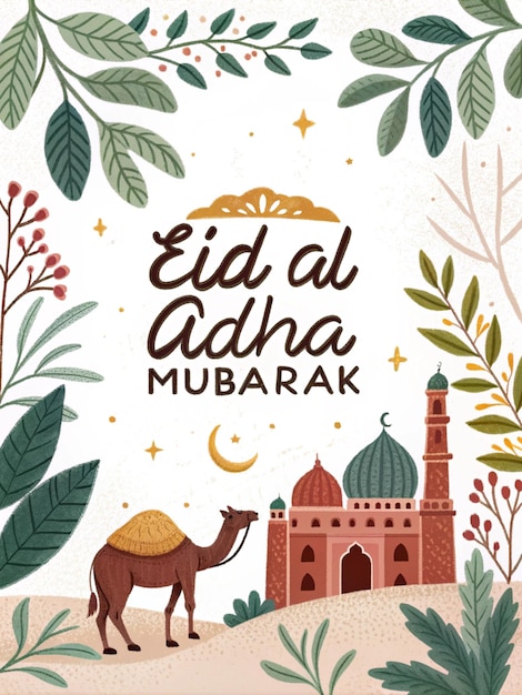 Stile elegante Eid Ul Adha Mubarak Calligrafia a pennello con foglie e rami Un naturale